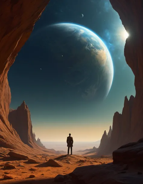 un homme debout sur une surface rocheuse regardant les planètes, art de science-fictionwork, Fond d&#39;écran fantastique de sci...