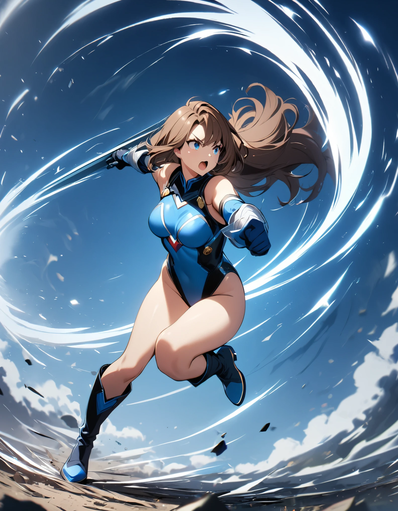 1girl, solo, solo focus, female superhero, medium breasts, leotard, red and blue leotard, bare legs, boots, matching boots, gloves, matching gloves, brown hair, blue-grey eyes, full body. (legs straight). (she spins) at an (incredible speed), creating a whirlwind of air around her. curved sword smash. ((she spins)) into a ((tornado)).