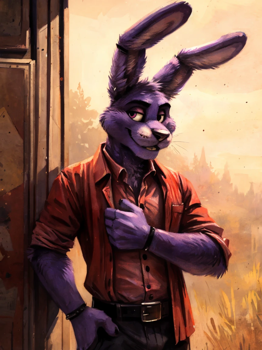 Purple rabbit from FNaF 1, Bonnie, Bonnie Rabbit, solo, male, purple rabbit, perfect nose, rabbit ears, long ears, male face, handsome, attractive, standing, red dress shirt, dark red, wine red color, black pants, black belt, formal clothes, posing, waist, hand on waist, Five Nights at Freddy's, By kenket 