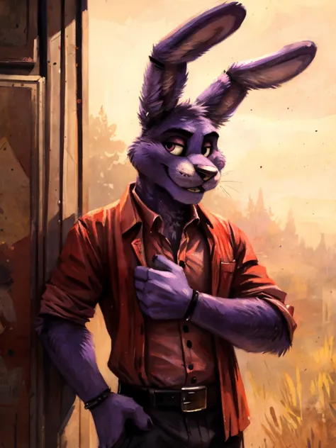 purple rabbit from fnaf 1, bonnie, bonnie rabbit, solo, male, purple rabbit, perfect nose, rabbit ears, long ears, male face, ha...