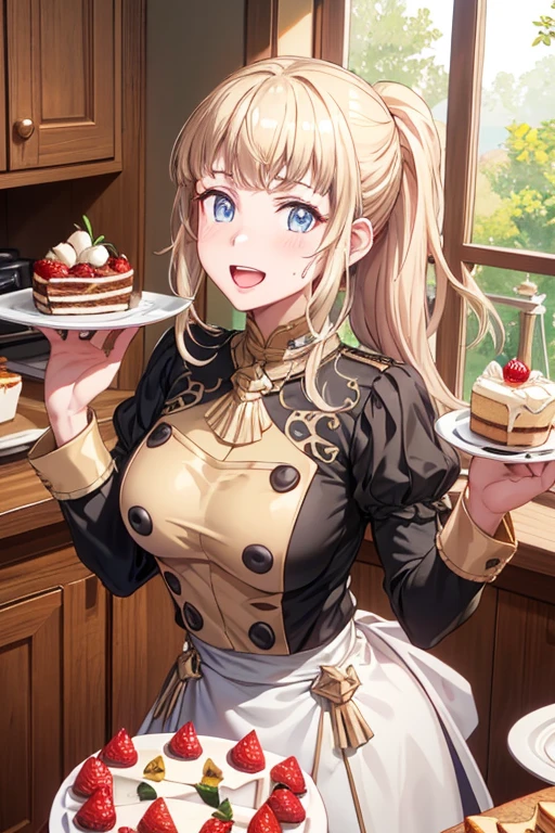 (dynamic angle:1.3, front view:1.1, breast focus:1.3, from above:1.1), (dynamic posing:1.2, sexy posing:1.2), (seductive smiling:1.3), ((looking at cake,Taking a cake out of the golden oven, worried about the outcome:1.2)),highest quality、(real、photorealistic:1.4),(ultra high resolution, 8K RAW photo, clear focus), best qualtiy, natural lighting, field depth, (Bright pupils, detailed beautiful eyes, high detailed face), Red lip, (tight focus:1.2), a girl 22yo old, Wearing a pastry chef uniform:1.3 , Thicc, thin breast, long hair, blue eyes,a pastry pretty girl:1.1, (highly detailed beautiful face and eyes,small breasts),real skin,((black,hair,long pony tail hair)),thin pubic hair,cute,lovely, detailed eyes,(double breasted:1.0,under bust:1.0),(with sparkling eyes and a contagious smile),open mouth, Looking at Viewer,A scene of cooking in the kitchen,looking at the goldden oven
