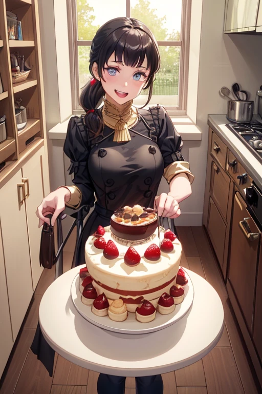 (dynamic angle:1.3, front view:1.1, breast focus:1.3, from above:1.1), (dynamic posing:1.2, sexy posing:1.2), (seductive smiling:1.3), ((looking at cake,Taking a cake out of the golden oven, worried about the outcome:1.2)),highest quality、(real、photorealistic:1.4),(ultra high resolution, 8K RAW photo, clear focus), best qualtiy, natural lighting, field depth, (Bright pupils, detailed beautiful eyes, high detailed face), Red lip, (tight focus:1.2), a girl 22yo old, Wearing a pastry chef uniform:1.3 , Thicc, thin breast, long hair, blue eyes,a pastry pretty girl:1.1, (highly detailed beautiful face and eyes,small breasts),real skin,((black,hair,long pony tail hair)),thin pubic hair,cute,lovely, detailed eyes,(double breasted:1.0,under bust:1.0),(with sparkling eyes and a contagious smile),open mouth, Looking at Viewer,A scene of cooking in the kitchen,looking at the goldden oven
