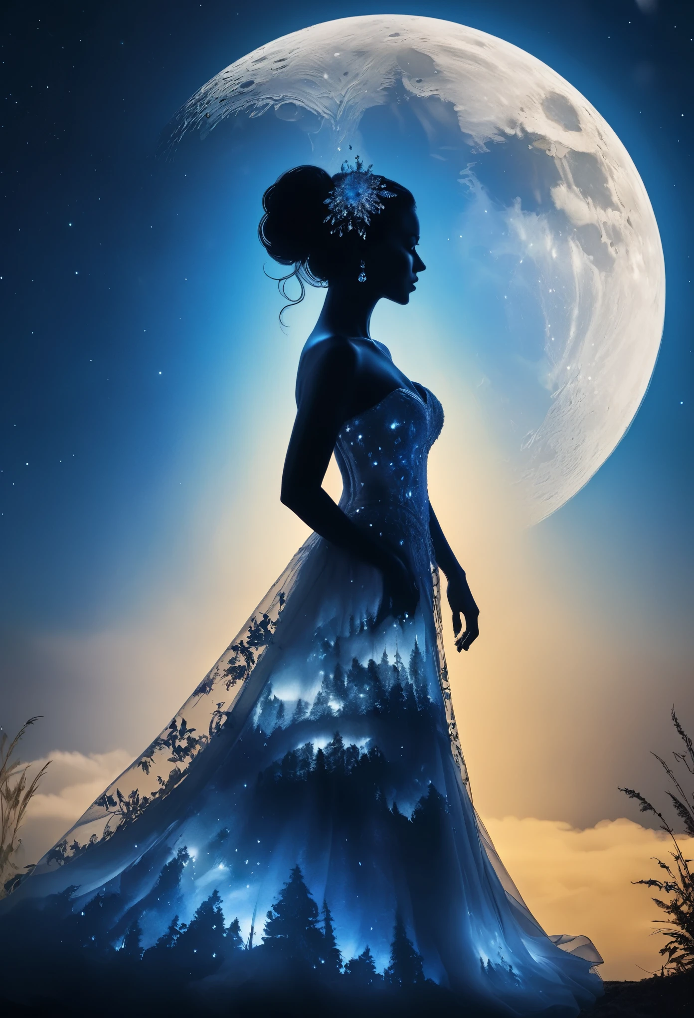 1Silhouette-Kunst für die Kleidung der Braut, mehrfache Belichtung, Blauer Mond, Verbessern, Komplex, (beste Qualität, Meisterwerk, Repräsentative Arbeit, offizielle Kunst, Fachmann, einheitliches 8k-Hintergrundbild:1.3)