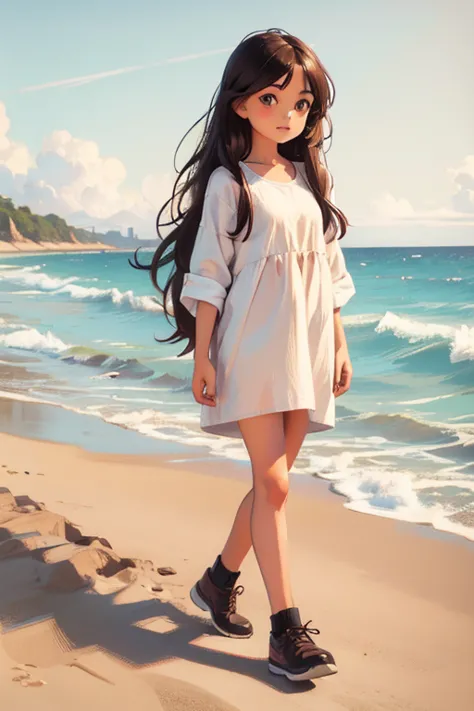 Drawing a young brunette girl with long black hair and brown eyes, Who is walking on the beach?