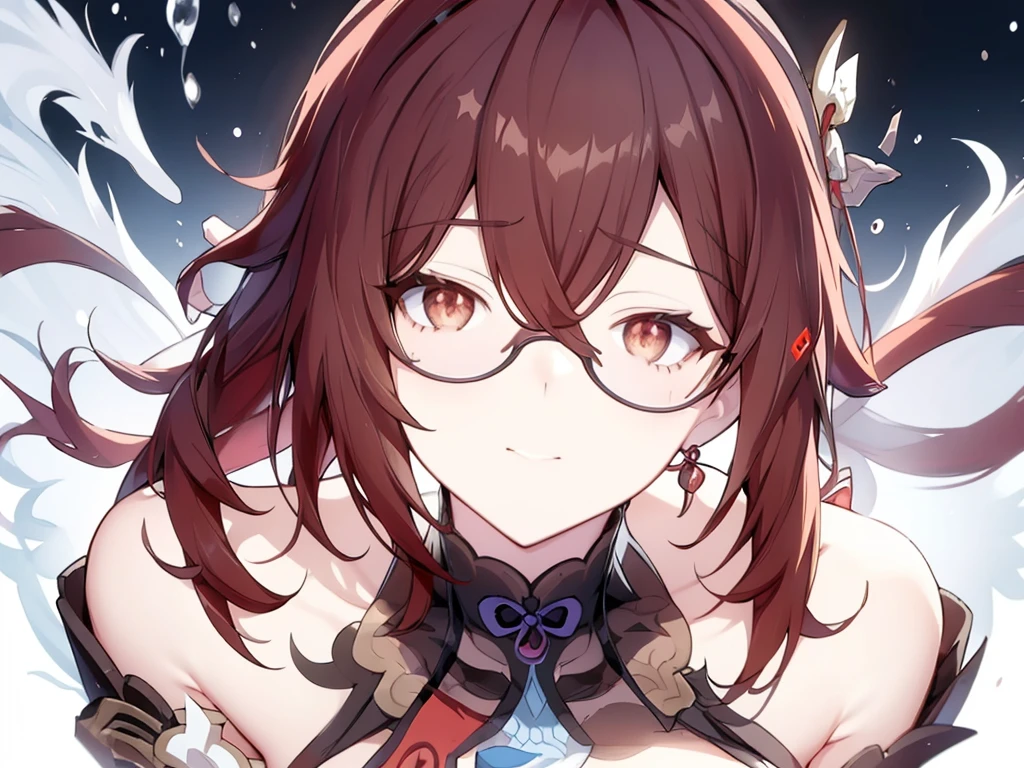 _Anime girl_dark red hair_Shoulder length hair_ brown eyes_elegant clothing_ adult_black glasses_gloves_elegance_ Arlecchino from genshin_portrait_Splash art_