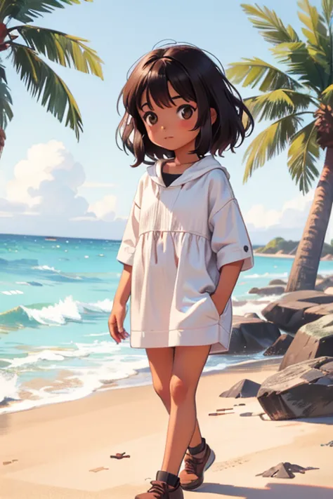 I will draw a very young brunette girl with black hair and brown eyes, Who is walking on the beach?