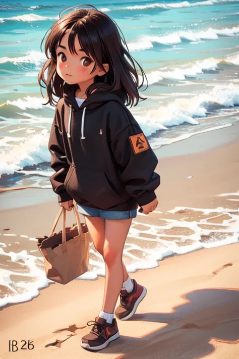 I will draw a very young brunette girl with black hair and brown eyes, Who is walking on the beach?