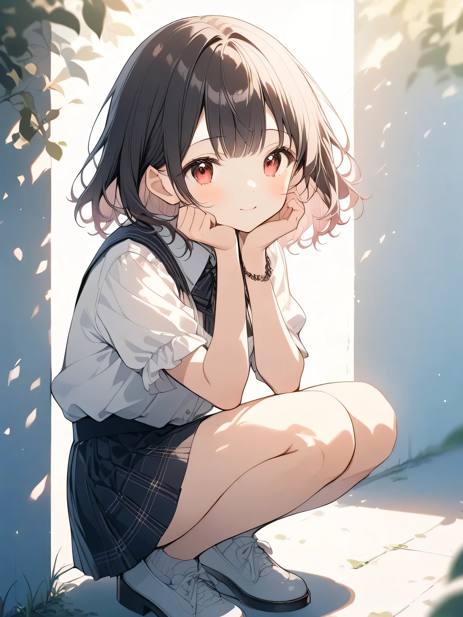 Anime Style, Super precise illustration, Very detailed, beautiful, 8k,1 cute girl,(cute:1.3),Black Hair,short straight bangs, smile,Red eyes, stylish, Trendy clothes,(Spotted sunlight:1.2),Blurred,(Written boundary depth:1.1),Tilt your head,mini skirt,｛school uniform｝,(whole body:1.3),squat