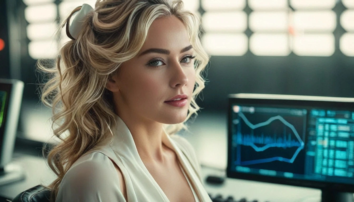 cinematic wide angle full body shot of a stylish european long blonde wavy haired woman wearing (elegant short white dress with bow strap)and sitting in front of a futuristic computer in a programming room, futuristic multi colored cyberpunk styled neuron web in the background.Consistent structure of the character. She has stylish make up and luxury hair style. Highly detailed facial features, full lips, upturned nose, best smile, realistic perfect eyes and face. Photorealistic body and face, highly detailed shiny hair and skin. Sharp focus, depth of field, lifelike textures, best shadows, best quality. Realism, photorealism, hyperrealism, vintage muted color tones, lomochrome, natural lights, cinematic lighting, contrast lighting, best quality, insanely intricate details, hdr, uhd 8k, 35 mm film, analog,((1970s movie style)), retro, vintage color grading,Award - winning photograph, Masterpiece, 16k,hyper detailed,sfumato, chiaroscuro, beautiful woman, perfect face, rule of thirds, highly detailed hair, ((detailed face)), ((detailed facial features)), (finely detailed skin), pale skin, intricate details, amazing fine detail, neutral colors, Soft front light,cinematic lighting, dramatic lighting,dappled light on face, backlight on hair, sharp focus, wide angle, film grain, dslr, raw photo, photographed on Nikon
