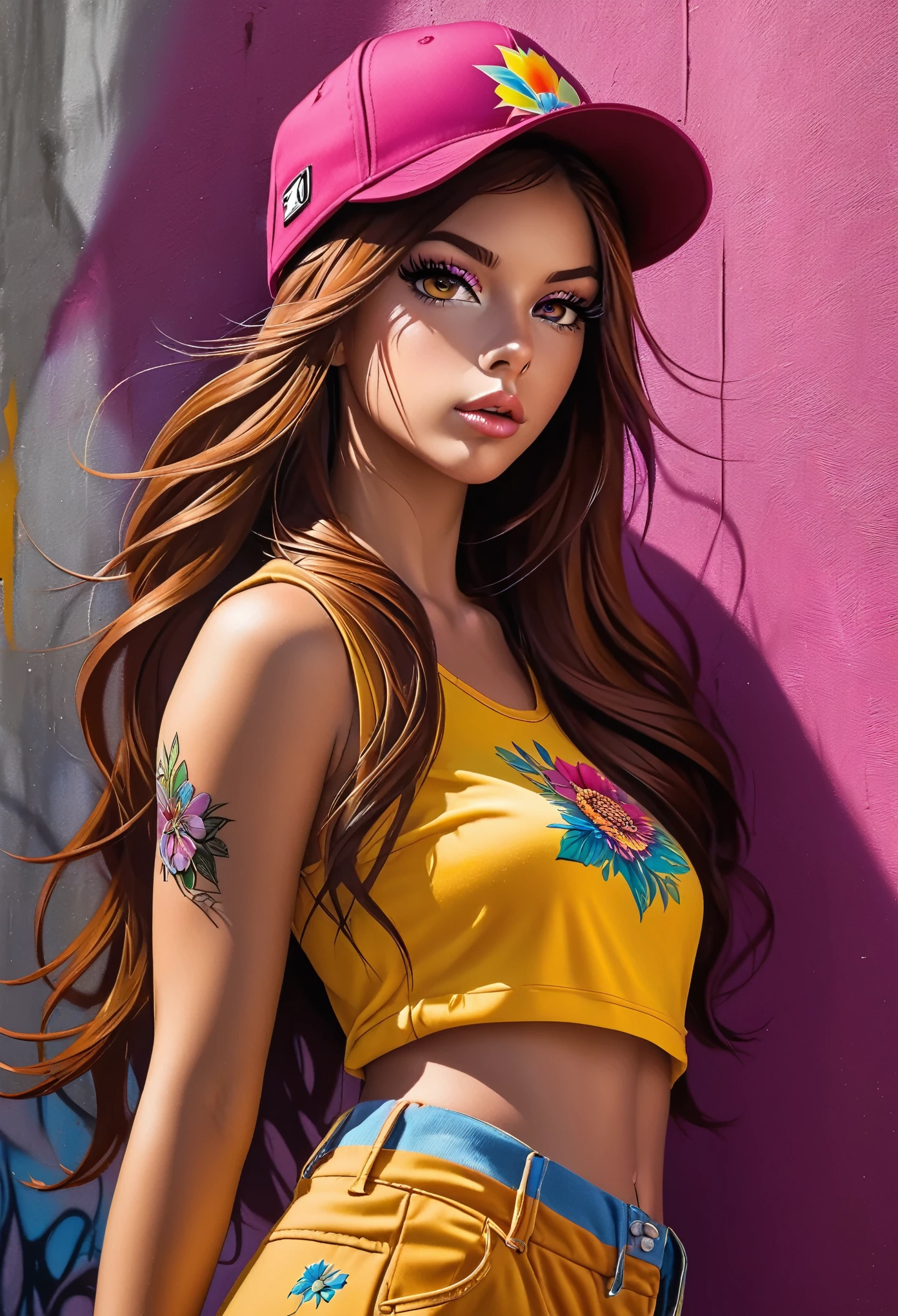 ((long shot, whole body: 1.6)), cian:1.4, brown:1.2, purpura:1.2, yellow:1.4, magenta:1.6, (rapper girl with long brown hair:1.6, beautiful modern cut with peaked hat:1.5 , very detailed eyes and body and beautiful loose clothing, Wide pant:1.6), tattoos, (walls with graffiti: 1.2), flower, leaves, born in the fog, lines, leaning against the wall with a spray paint in her hand, well defined light and shadows, action pose, 32k.