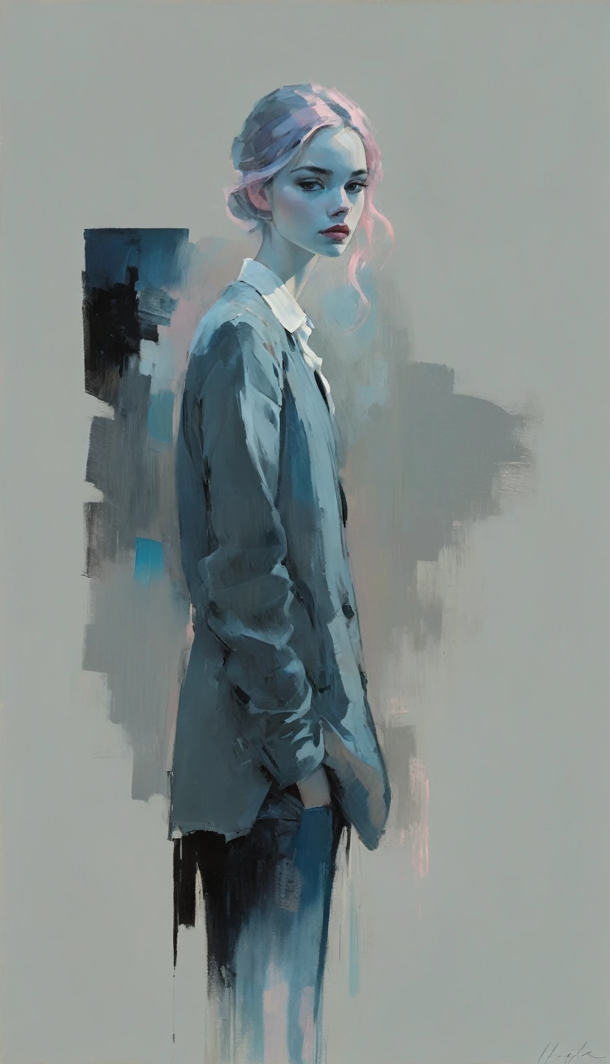 Crea un retrato contemporáneo de una persona en el estilo expresivo y pictórico de Malcolm Liepke., utilizando una paleta de rosa claro, azul apagado, azul grisáceo oscuro, azul brillante, gris muy oscuro, y azul grisáceo claro. El retrato debe presentar un primer plano del rostro del sujeto con fuertes, pinceladas dinámicas y un enfoque en capturar la profundidad y la textura características del trabajo de Liepke. Use light pink and azul brillante for the highlights and vibrant areas, while employing azul apagado, azul grisáceo oscuro, gris muy oscuro, y azul grisáceo claro to create shadows and depth. Asegúrese de que el fondo complemente el retrato con variaciones sutiles de la misma paleta de colores., evocando una sensación de elegancia moderna e intensidad emocional