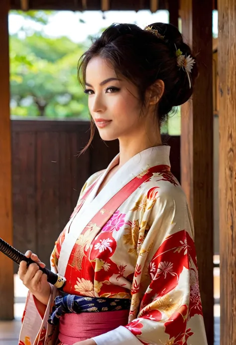 1 chica, solo, ropa japonesa, cabello corto, arma, espada, Brown eyes, mirando al espectador, kimono, by the chestnut, labios, m...