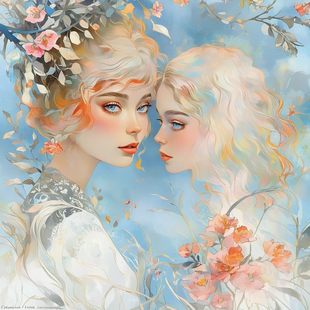 a beautiful girl in a lush garden, vibrant blue sky, red and orange flowers, detailed face and eyes, volumetric lighting, intricate details, photorealistic, high definition, masterpiece, professional digital art, cinematic color palette, using a palette of light pink, muted blue, dark grayish blue, bright blue, very dark gray, and light grayish blue