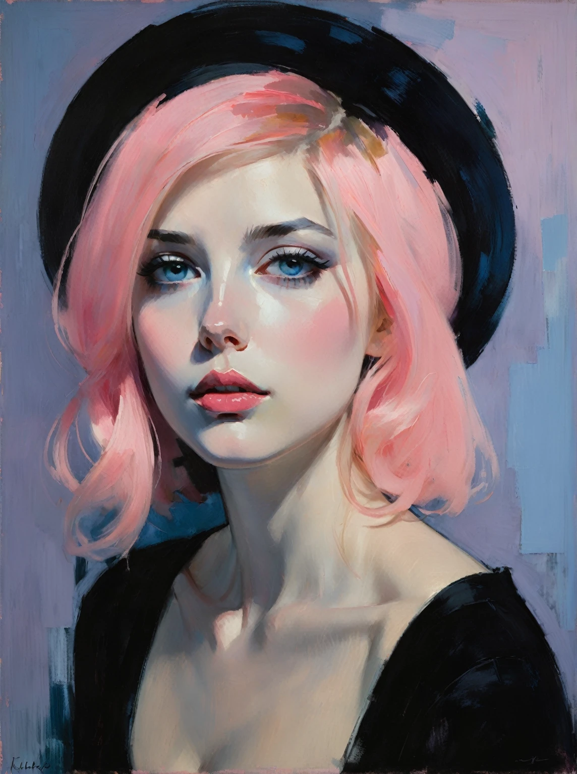 Crea un retrato contemporáneo de una persona en el estilo expresivo y pictórico de Malcolm Liepke., utilizando una paleta de rosa claro, azul apagado, azul grisáceo oscuro, azul brillante, gris muy oscuro, y azul grisáceo claro. El retrato debe presentar un primer plano del rostro del sujeto con fuertes, pinceladas dinámicas y un enfoque en capturar la profundidad y la textura características del trabajo de Liepke. Use light pink and azul brillante for the highlights and vibrant areas, while employing azul apagado, azul grisáceo oscuro, gris muy oscuro, y azul grisáceo claro to create shadows and depth. Asegúrese de que el fondo complemente el retrato con variaciones sutiles de la misma paleta de colores., evocando una sensación de elegancia moderna e intensidad emocional