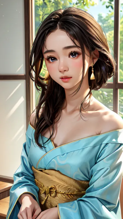 a beautiful young woman wearing a traditional chinese hanfu dress, a delicate off-shoulder design, detailed and realistic facial...