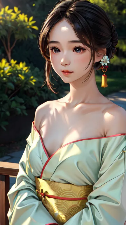 a beautiful young woman wearing a traditional chinese hanfu dress, a delicate off-shoulder design, detailed and realistic facial...