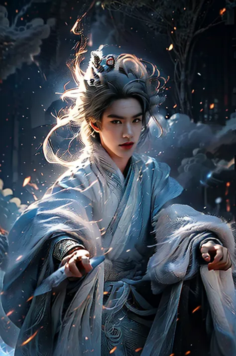 close-up of a white-haired person wearing a crown, heise jinyao, zhao yun, white hair like clouds, with white hair, xianxia hero...