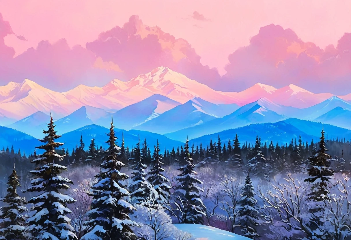 Create a winter landscape painting with a serene atmosphere, using a palette of light pink, muted blue, dark grayish blue, bright blue, very dark gray, and light grayish blue. The scene should feature a snowy forest in the foreground and a majestic mountain range in the background, capturing the transition of colors from the snow-covered trees to the vibrant hues of the sky and mountains at sunrise. The painting should evoke a sense of tranquility and the beauty of nature