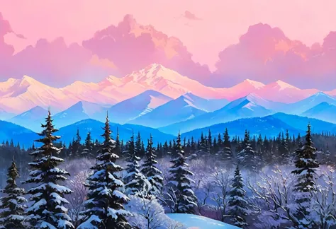 create a winter landscape painting with a serene atmosphere, using a palette of light pink, muted blue, dark grayish blue, brigh...