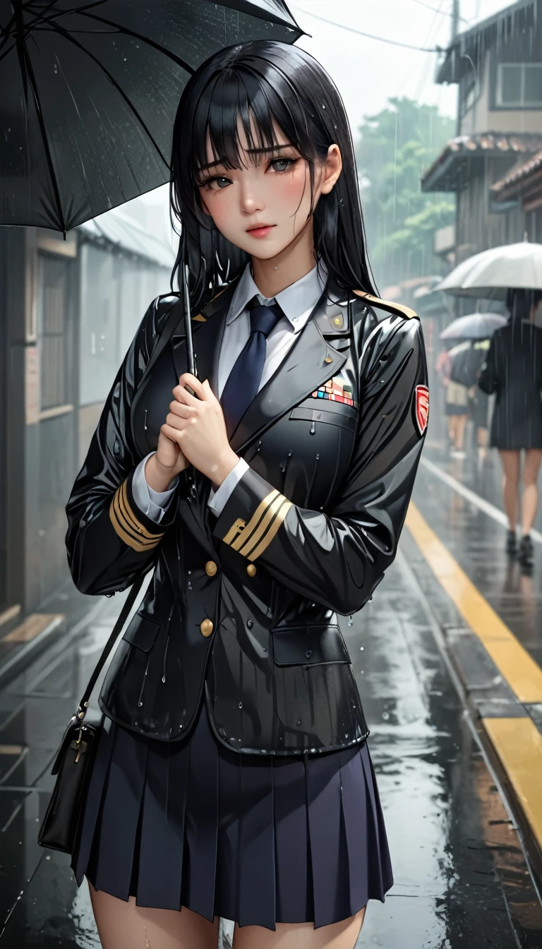 One girl, Long black hair, uniform, shy, blush, Wet, rain, transparent, (masterpiece, highest quality), Soft Light, Structure of the film, Cinematic Light