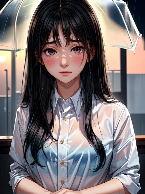 a beautiful girl with long black hair, wearing a high school girl uniform, shyly blushing, wet from the rain, her uniform becomi...