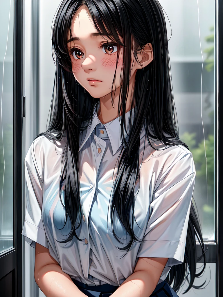 A beautiful girl with long black hair, wearing a high school girl uniform, shyly blushing, wet from the rain, her uniform becoming transparent, (masterpiece, best quality), soft cinematic lighting, cinematic composition