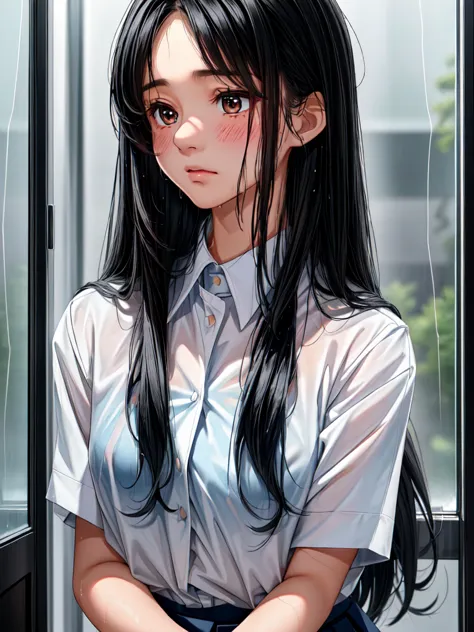 A beautiful girl with long black hair, wearing a high school girl uniform, shyly blushing, wet from the rain, her uniform becomi...