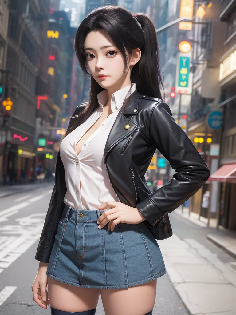 There is a woman in a short skirt and jacket posing for a photo, Surrealist schoolgirl, Surrealist , Practical , Realistic anime girl rendering, Small curve , stockings and skirt, 3D animation realistic, Highly detailed shots of the giantess, Realistic animation, Realistic full body, [ 4K Reality ]!!