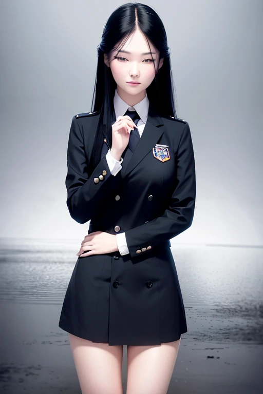 A beautiful girl with long black hair, wearing a high school girl uniform, shyly blushing, wet from the rain, her uniform becoming transparent, (masterpiece, best quality), soft cinematic lighting, cinematic composition