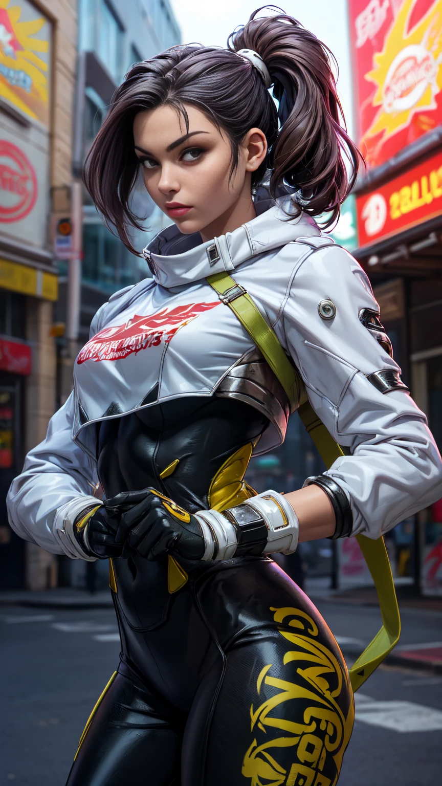 CG K ultrarrealista ,((de primera calidad、8k、32K、Obra maestra、nffsw:1.3)), (superfine illustration)、(super high resolution), (((cuerpo adulto))), (((1 chica en))), ((( bob de pelo corto ))), 25 year old cyberpunk gladiator with perfect body, Hombreras con espinas de metal., Gladiadores in Brooklyn, (( bob de pelo corto )), Camiseta del equipo de rugby rota, Casi desnudo al estilo urbano salvaje de Simon Bisley, pelo rubio corto, ropa minima, Metallic protection on the left arm with complex graphics..., Rojo oscuro con estrellas blancas y rayas azules y blancas.,(( dynamic action pose:1.5)), armadura, Lleno de puntas y remaches., Tatuaje de veneno (((Imagen desde la rodilla hacia arriba))), pelo rubio blanco corto, En el fondo、 There is a wall with an intricate design painted by Shepard Fairey...