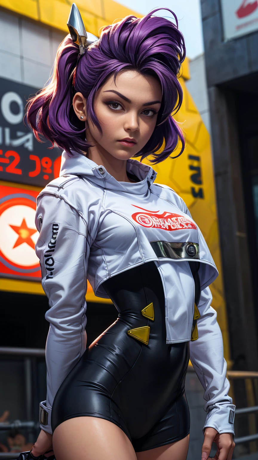 Ultra-realistic CG K ,((premium、8k、32k、Masterpiece、NFFSW:1.3)), (superfine illustration)、(super high resolution), (((adult body))), (((1 girl in))), ((( short hair bob ))), 25 year old cyberpunk gladiator with perfect body, Shoulder pads with metal spikes., Gladiadores in Brooklyn, (( short hair bob )), Torn rugby team t-shirt, Almost naked in the wild urban style of Simon Bisley, short blonde hair, minimal clothing, Metallic protection on the left arm with complex graphics..., Dark red with white stars and blue and white stripes.,(( dynamic action pose:1.5)), armor, Full of spikes and rivets., poison tattoo (((Image from the knee up))), short white blonde hair, In the background、 There is a wall with an intricate design painted by Shepard Fairey...