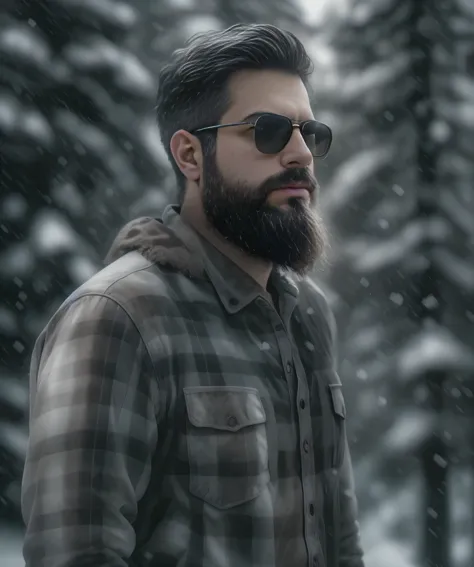 a confident man with a thick beard and aviator sunglasses, standing in a snowy forest, wearing a stylish plaid flannel shirt ove...