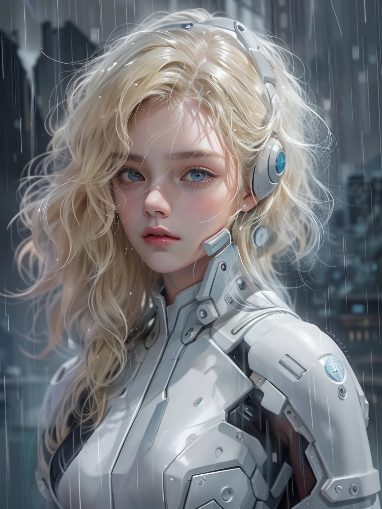 18 year old girl，White Hero Suit，Full body portrait，Short and wavy hair，Blonde，Pretty Face，rain，roof，masterpiece，Exquisite details，Perfect anatomical structure