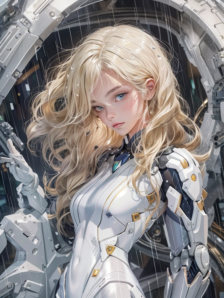 18 year old girl，White Hero Suit，Full body portrait，Short and wavy hair，Blonde，Pretty Face，rain，roof，masterpiece，Exquisite details，Perfect anatomical structure