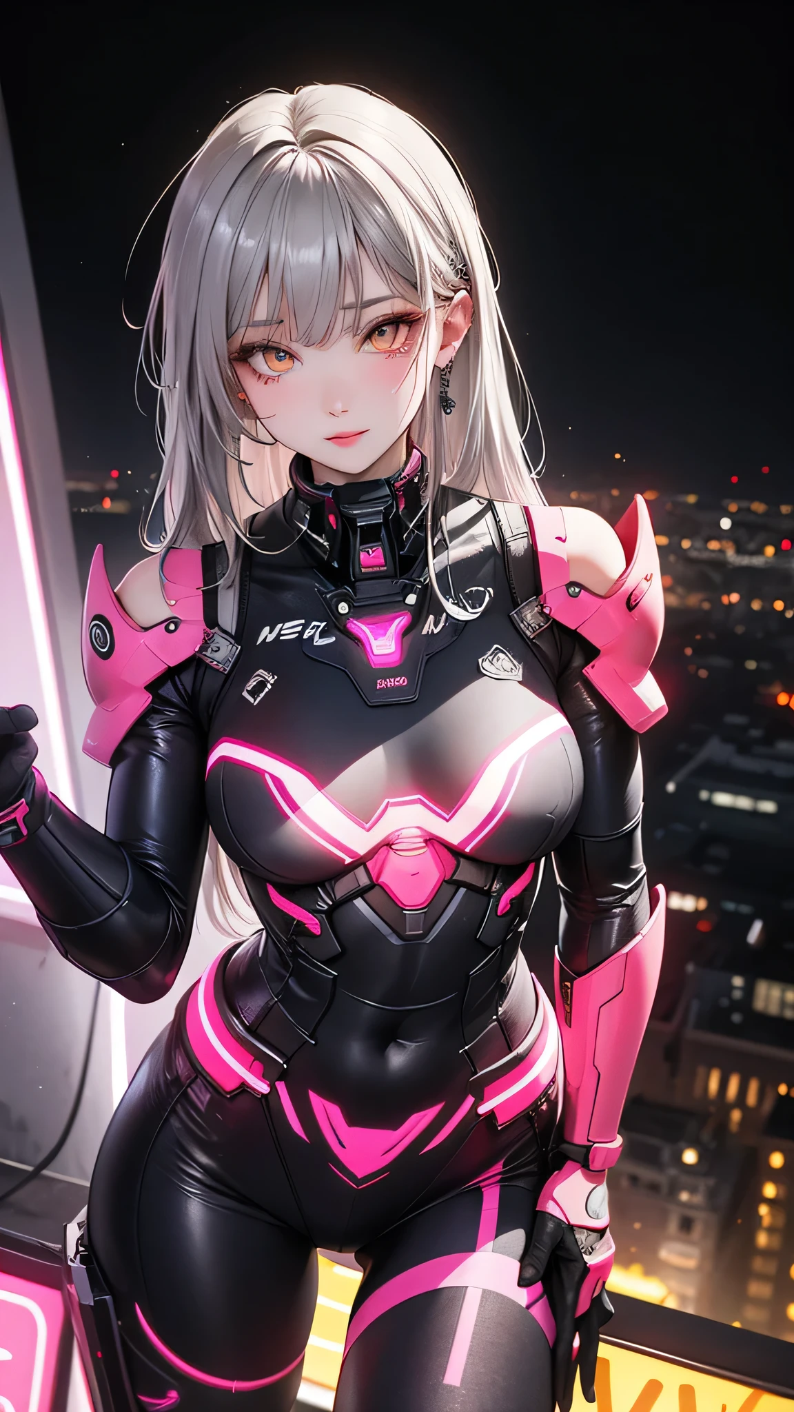 cute, woman, Sexy Face, Yellow Eyes, Gray Hair, The body is slim, Sexy pose, Pink tights, Mecha, Neon Signs, Leading the Night City, View from above, high quality, Realistic, Beautiful light, Full details, Black background