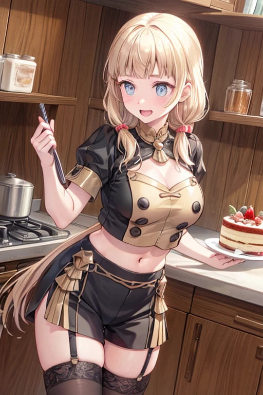 (dynamic angle:1.3, front view:1.1, breast focus:1.3, from above:1.1), (dynamic posing:1.2, sexy posing:1.2), (seductive smiling:1.3), ((looking at cake,Taking a cake out of the golden oven, worried about the outcome:1.2)),highest quality、(real、photorealistic:1.4),(ultra high resolution, 8K RAW photo, clear focus), best qualtiy, natural lighting, field depth, (Bright pupils, detailed beautiful eyes, high detailed face), Red lip, (tight focus:1.2), a girl 22yo old, Wearing a pastry chef uniform:1.3 , Thicc, thin breast, long hair, blue eyes,garter stocking, cleavage:1.2, midriff, black shorts, black thighhighs, thigh strap, pretty girl, (highly detailed beautiful face and eyes,firm breasts),real skin,((black,hair,long pony tail hair)),thin pubic hair,cute,lovely, detailed eyes,(double breasted:1.0,under bust:1.0),(with sparkling eyes and a contagious smile),open mouth, Looking at Viewer,A scene of cooking in the kitchen,looking at the golden oven
