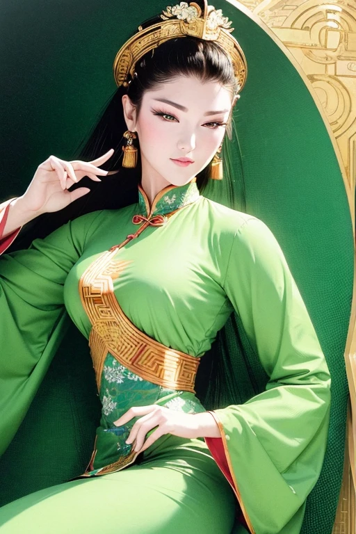 ((whole body)), samdoesarts style award winning whole body portrait of a beautiful woman, ((Perfect feminine face)),((Ancient Chinese Green Clothing)), ((Green Peking Opera Costume)), (Long sleeve) Gazebo, complicatedな, (Beautiful details in the eyes, Long eyebrows),((hairpin, Twisted Hair)),(sorrow), ((tears)), (sunlight), Shaded flat illustration, Digital Art, Trending on Art Station, Very detailed, The finer details, complicated, Artgerm、Rutkowski、Art by Alphonse Mucha,