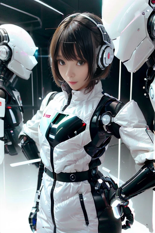 A girl in a futuristic bright white heavily armored robot suit takes a photo、perfect android girl, Female cyborg body, Perfect anime cyborg woman, Beautiful female android!, Female Robot, completely robot!! girl, Cute cyborg girl, Cyber Suit, Girl wearing mecha cybernetic armor, Cyber Suit, beutiful white girl cyborg, Beautiful female android, Beautiful girl cyborg、Cute cyborg girl with short bob hair、Beautiful android sculpture model、(Laughter)、((Rounded, white, sturdy armor))、(((Equipped with long sensor antennas on both ears)))、(((Robot Girl)))、(((Android girls)))、