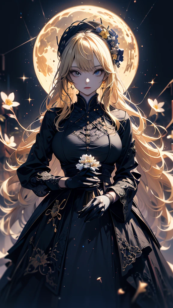 masterpiece, high quality, 4K, Beautiful design, silhouette，blonde， 非常に詳細な夜のStarry Sky,Flower Field， wonderful, Finer details,  Very knowledgeable woman, Highly detailed solo, 1 female,Big Breasts，Gothic Lolita Fashion，Night view，Starry Sky，full moon，