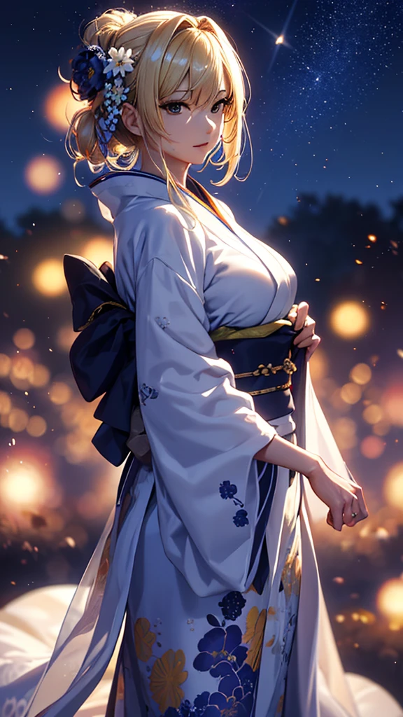 masterpiece, high quality, 4K, Beautiful design, silhouette，blonde， 非常に詳細な夜のStarry Sky,Flower Field， wonderful, Finer details,  Very knowledgeable woman, Highly detailed solo, 1 female,Big Breasts，Yukata in white color，Night view，Starry Sky，full moon，