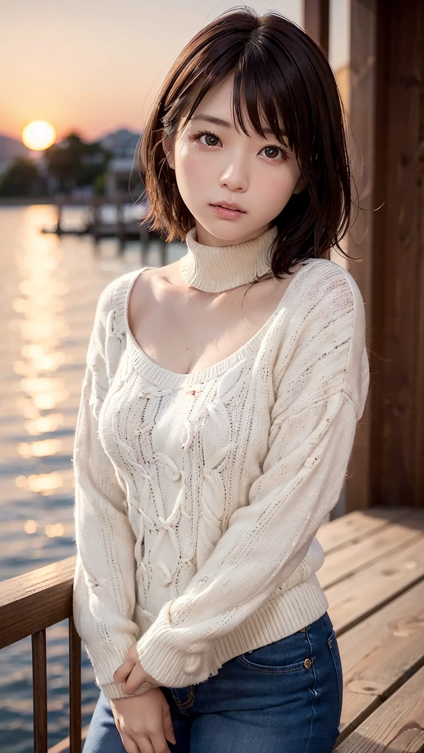 8K quality,(super masterpiece:1.3),highest quality,Detailed Images,The real picture,Natural lighting,symmetrical beauty,1 female,Japanese,20-year-old,short hair,Curly Hair,(very cute:1.3),Thick eyebrows,(Double:1.2),(Realistic eyes:1.1),Turtleneck sweater,cardigan,jeans,(The background is a sunset,Sunset,lake,lake畔),(Face directly towards the camera,Looking directly at the viewer,looking at the camera,The body faces the viewer,The body is facing the direction of the camera,Face looking straight into the camera),NSFW.