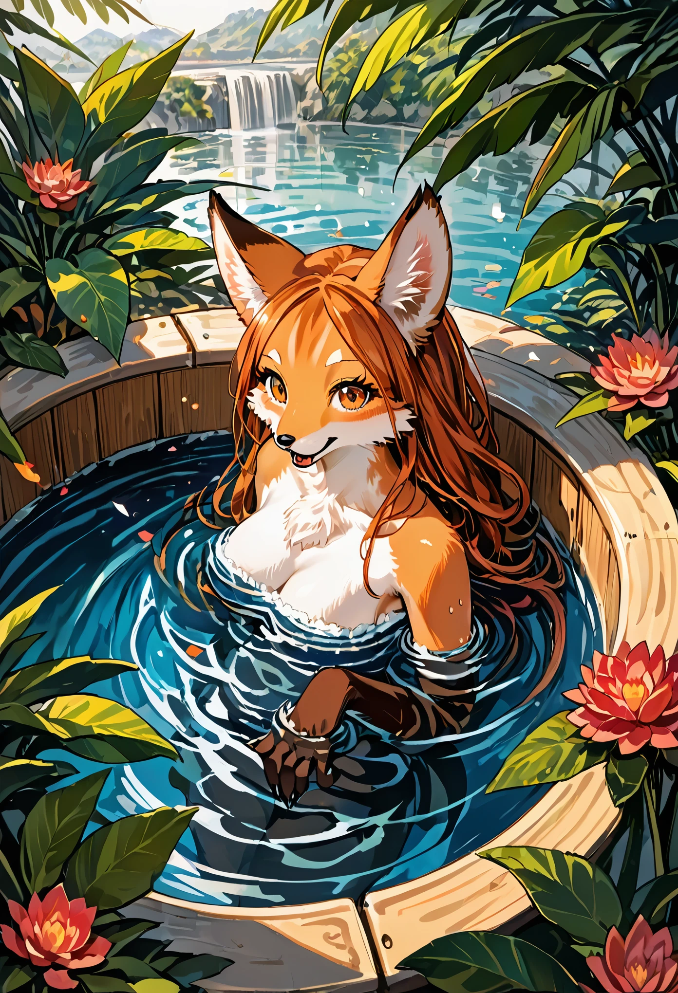 cover_page, highres, top quality, best quality, paid reward available, High-quality illustrations, unparalleled masterpiece, perfect artwork, absurdres, super high resolution, detailed background(1girl, Solo focus, furry anthro, kemono)bathing in water, beautiful refraction of water, Dreamy, mystical, erotic, Happy, joyful(Photos of solo travelers)cinematic lighting, dynamic angle,