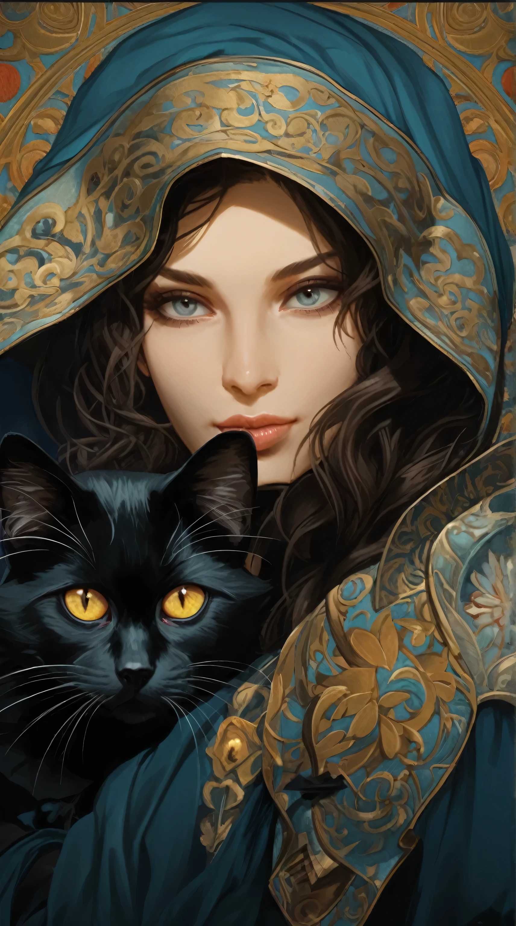 a close-up of a woman holding a black cat in her arms, pintura detalhada 4k, Magali Villeneuve&#39;, com olhos encantadores, karol bak uhd, por Tom Bagshaw e Boris Vallejo, mulher e gato, Graphic artist Magali Villeneuve, tom bagshaw donato giancola, bela arte uhd 4k