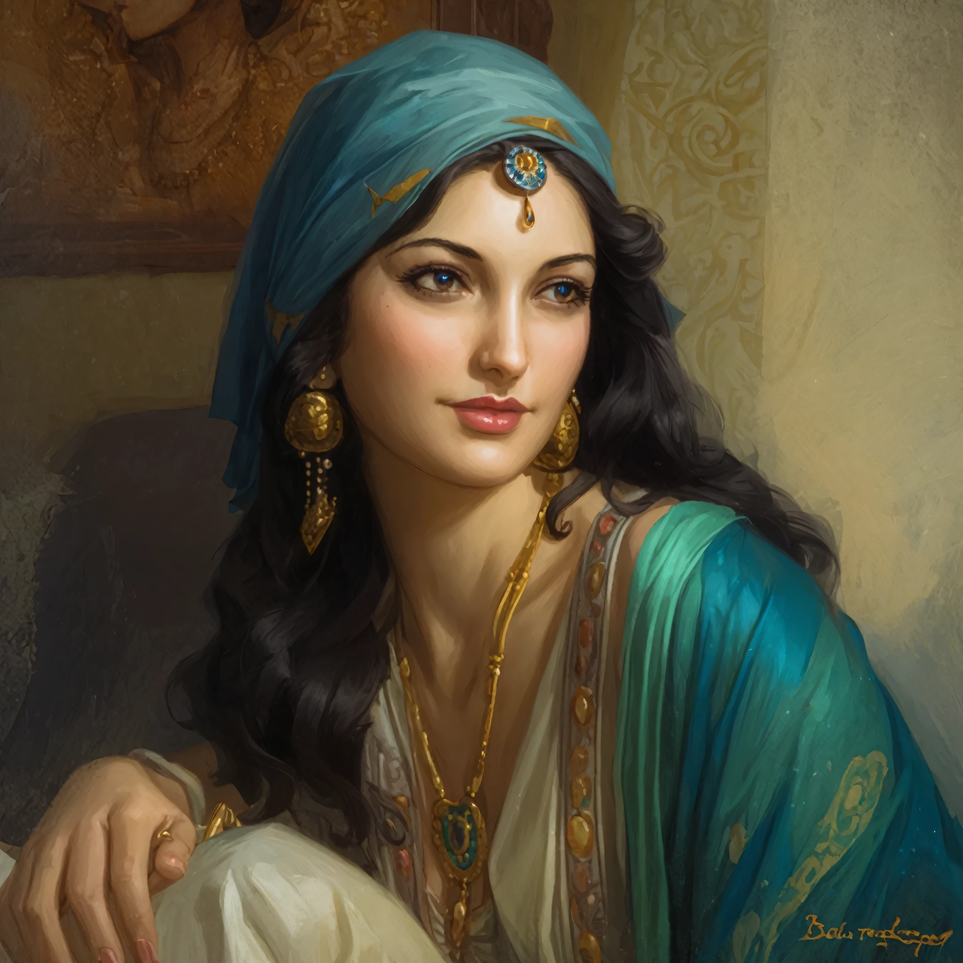 painting of a woman with a blue head scarf and jewelry, linda pintura de personagem, arab beauty, linda mulher, very Belo retrato, Belo retrato, pintura de lindo, retrato de uma linda deusa, linda mulher judia, linda donzela, Magali Villeneuve&#39;, Beautiful Arab woman, lindo retrato, arabic art, very linda mulher, linda mulher, art by Édouard Bisson