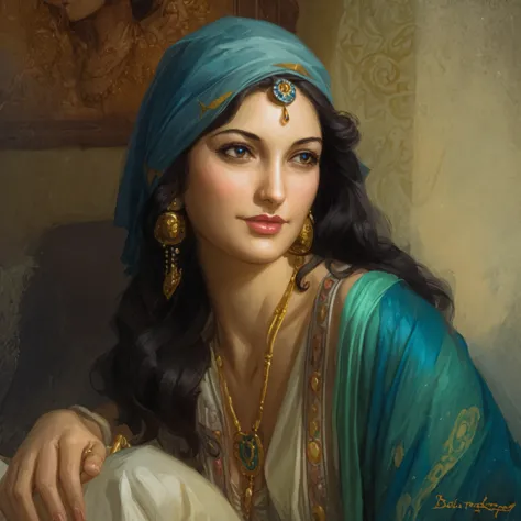 painting of a woman with a blue head scarf and jewelry, linda pintura de personagem, arab beauty, linda mulher, very Belo retrat...
