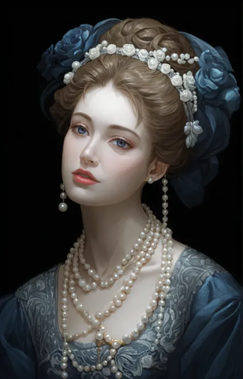 a close-up of a woman wearing pearls and a blue dress, girl with a Pearl Earringl, pintura digital barroca, senhora elegante com...