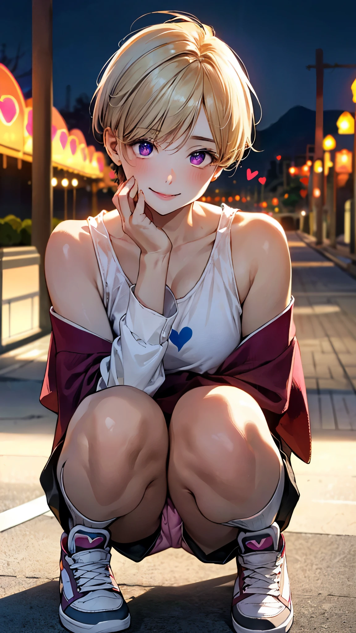 (masterpiece:1.3, top-quality, ultra high res, ultra detailed), (realistic, photorealistic:1.4), beautiful illustration, perfect lighting, natural lighting, colorful, depth of fields, 
beautiful detailed hair, beautiful detailed face, beautiful detailed eyes, beautiful clavicle, beautiful body, beautiful chest, beautiful thigh, beautiful legs, beautiful fingers, 
looking at viewer, (front view), 1 girl, japanese, very cute girl, (shy and sensual), (perfect anatomy, anatomically correct, super detailed skin), cute and symmetrical face, babyface, shiny skin, 
(short hair, pixie cut, blonde hair), swept bangs, purple eyes, shining eyes, long eyelashes, (medium breasts, , seductive thighs), perfect face, perfect eyes, sexy body, slender, 
(super tight mini boxer shorts with heart pattern, heart print on shoulder, long sleeve, pink jordan sneakers), 
(beautiful scenery), evening, (amusement park), squatting, (lovely smile, upper eyes), 