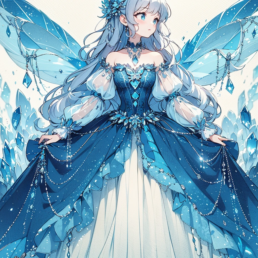 (exótico, lindo, Muito detalhado, obra de arte, alta qualidade,Alta resolução),(A cute design illustration of a lindo dress in a rich deep blue color with blue to purple pleochroic colors drawn with soft thin lines and aquamarine gemstones in the background),A lindo girl with translucent fairy wings is wearing a long princess-line dress with a bright purple draped peplum on the bottom of the corset, decorado com fitas e águas-marinhas, e um longo cesto branco por baixo. O espartilho é decorado com águas-marinhas., um lindo, fantástico vestido de princesa inspirado em água-marinha.,