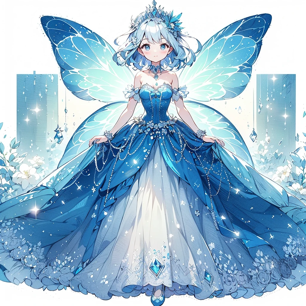 (Exquisito, Hermoso, Muy detallado, obra maestra, alta calidad,Alta resolución),(A cute design illustration of a Hermoso dress in a rich deep blue color with blue to purple pleochroic colors drawn with soft thin lines and aquamarine gemstones in the background),A Hermoso girl with translucent fairy wings is wearing a long princess-line dress with a bright purple draped peplum on the bottom of the corset, decorado con cintas y aguamarinas, y una larga alforja blanca debajo. El corsé está decorado con aguamarinas.., Un amoroso, Fantástico vestido de princesa inspirado en el aguamarina..,