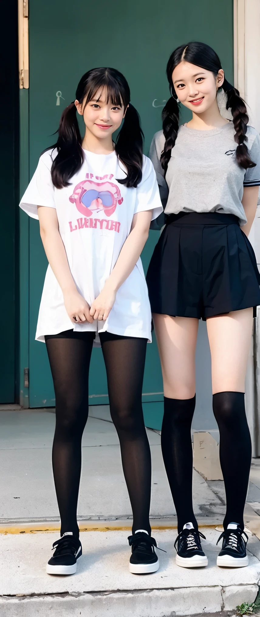 Two asian girls standing next to each other on a sidewalk - SeaArt AI